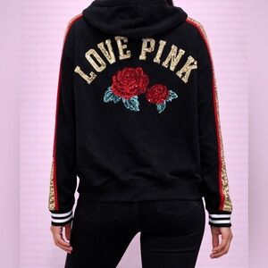 PINK Victoria's Secret Black Hoodie with Gold and Red Accents